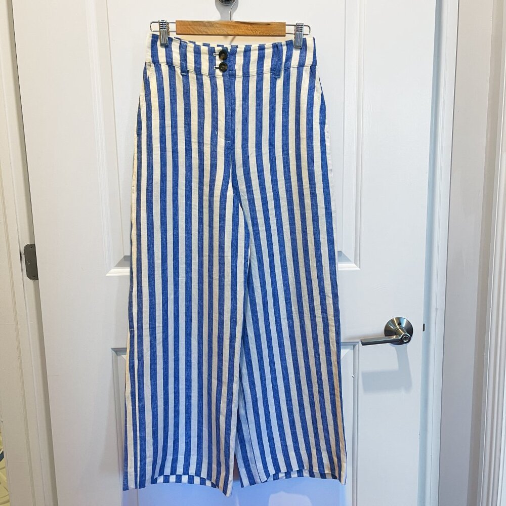 Boden Highbury Linen Wide-Leg High-Waist Blue-Stripe Pants, Size 6P, EUC